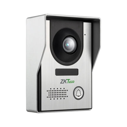 Front view of the ZKTeco VE01-A50L wide-profile 4-wire villa outdoor station intercom featuring a built-in 2MP camera lens, metallic zinc alloy housing, and a backlit physical call button.