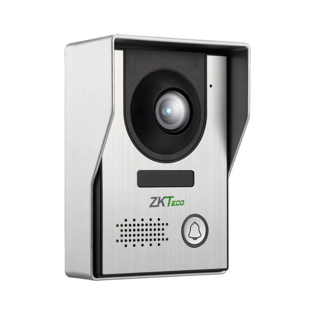 Front view of the ZKTeco VE01-A50L wide-profile 4-wire villa outdoor station intercom featuring a built-in 2MP camera lens, metallic zinc alloy housing, and a backlit physical call button.