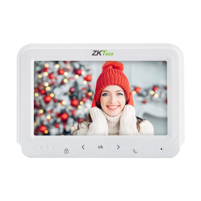 Front view of the white ZKTeco VM07-A50L 4-wire analog indoor intercom monitor, showcasing its clear 7-inch widescreen TFT LCD display and capacitive touch control buttons.