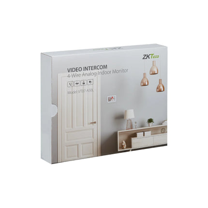 Side angle view of the surface wall-mounted ZKTeco 7-inch smart room monitor, demonstrating its clean minimalist white casing, slim 20mm depth profile, and integrated microphone slots.