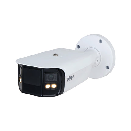Dahua DH-IPC-PFW5849-A180-E2-ASTE panoramic bullet camera with warm-light LEDs illuminated