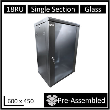 LDR Assembled 18U Wall Mount Cabinet (600mm x 450mm) Glass Door - Black Metal Construction - Top Fan Vents - Side Access Panels - CCTV Guru
